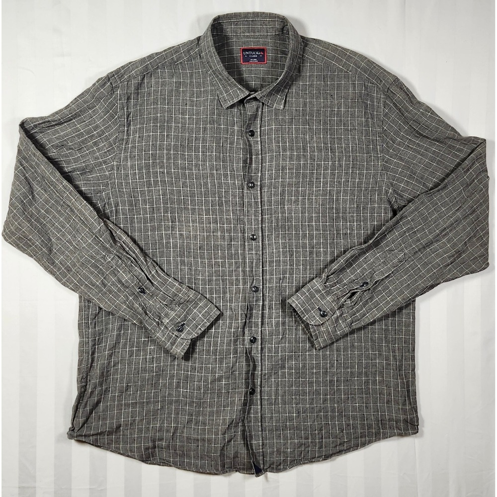UNTUCKit Chauvin Grey Windowpane 100% Linen Button Down Shirt Mens XL Long Sleev